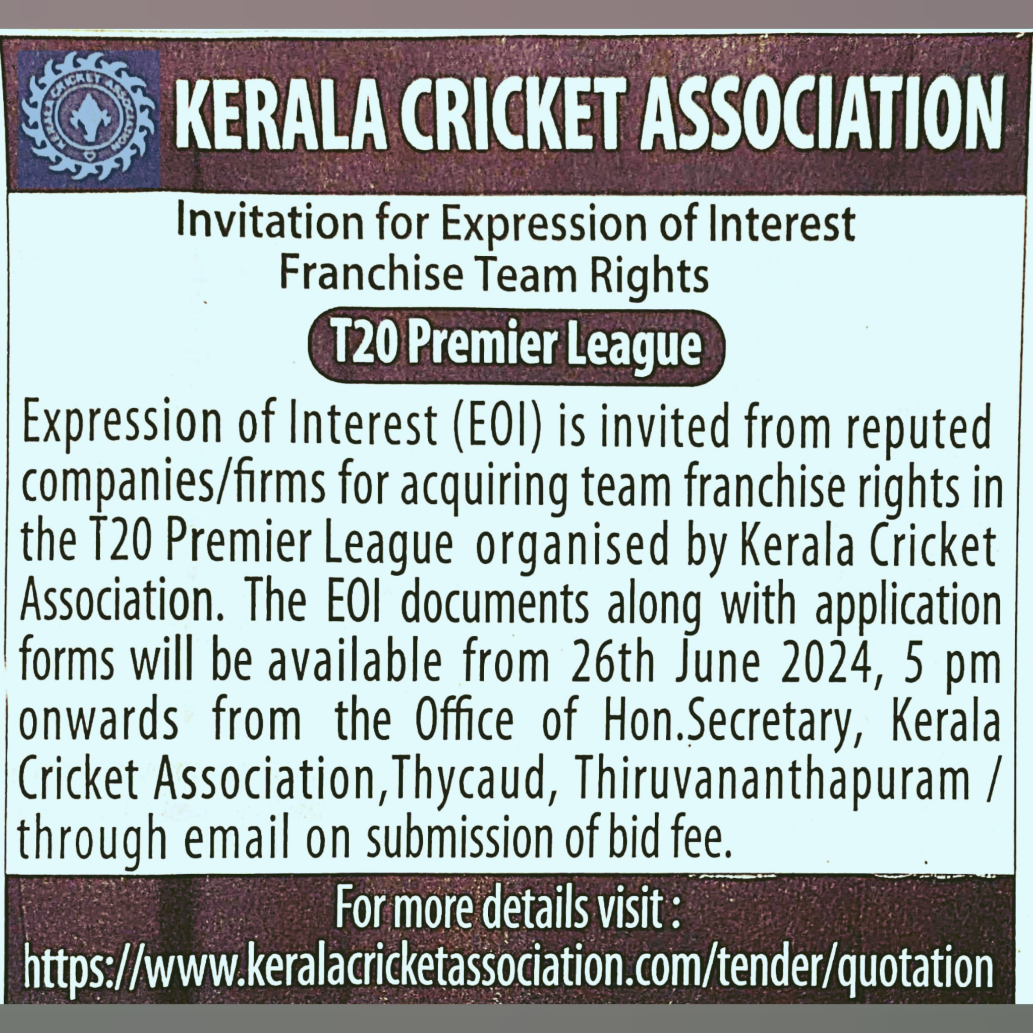 Expression of interest invited for Franchise rights for KCA T20 Premier league